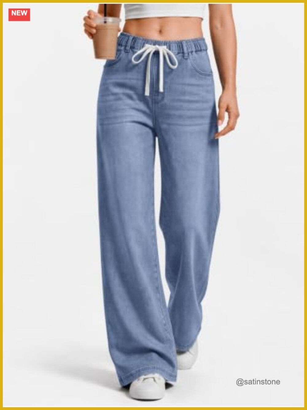 Wide Leg Jeans Stretchy Drawstring Waist Baggy Denim Pants - Picture 4 of 5